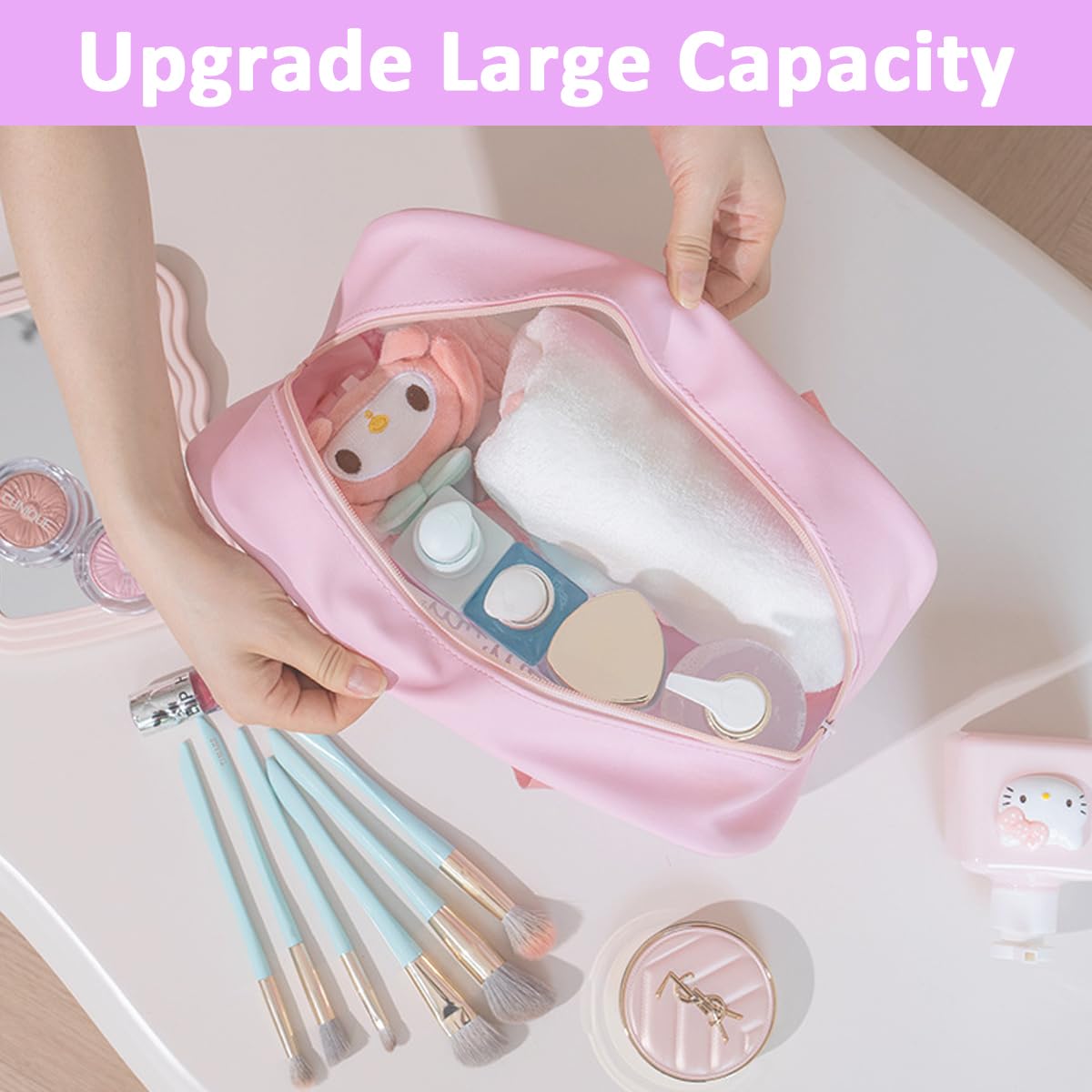 MAYCREATE Travel Toiletry Bag Cartoon Kuromi Purple Print Toiletry Bag Makeup Organizer Bag Bathroom Shower Caddy Bag PVC Transparent Waterproof Travel Toiletry Zipper Pouch with Handle, 25x16x10cm
