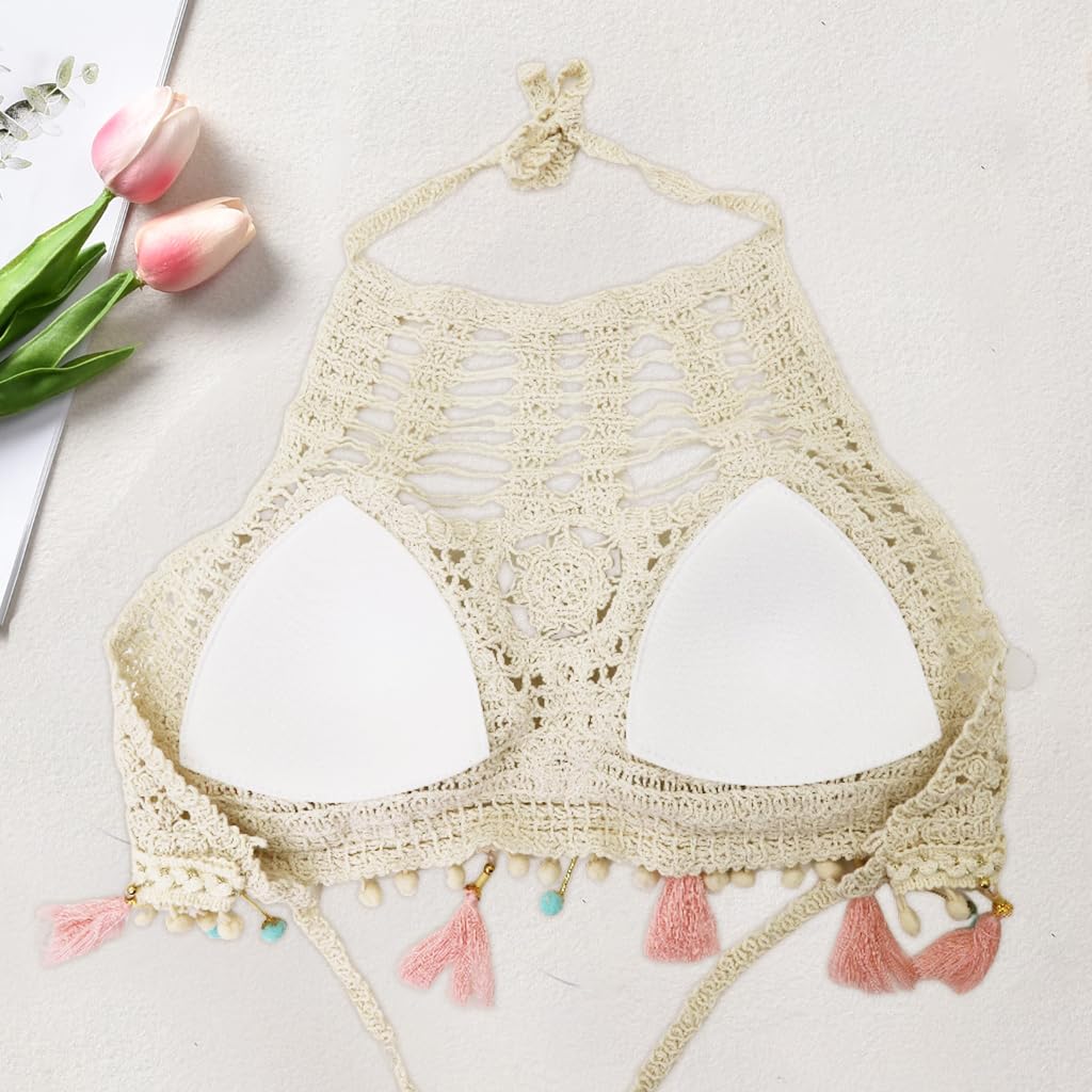 PALAY Women's Summer Beach Backless Crochet Halter Bikini Crop Top Crochet Hollow Out Tassle Embroidery Knit Boho Beachwear