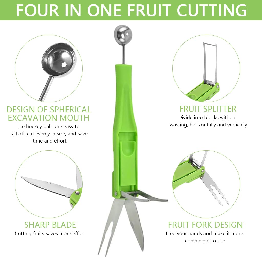 Supvox Melon Baller Fruit Ball Spoon 4 in 1 Melon Scoop Fruit Scooper Tool with Folding Cutter & Fruit Fork Melon Scoop Tool for Cantaloupe, Dragon Fruit, Watermelon, Avocado