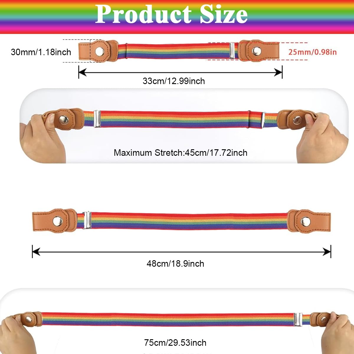 SNOWIE SOFT 2Pcs Kids Adjustable Waist Belt Buckle Free Webbing Nylon Stretchy Jeans Belt with Snap Button Closure Buckle Free Rainbow Waist Belt for Boys and Girls