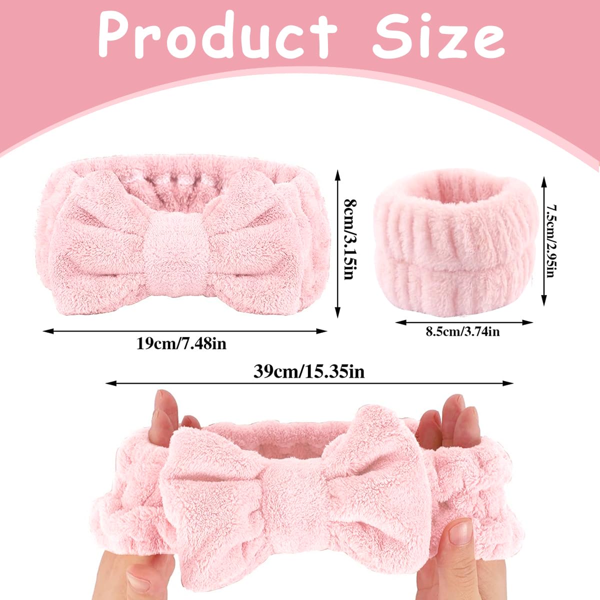 MAYCREATE Face Wash Headband & Wristband Set, Soft Stretchy Bowknot Headband for Women Girls, Flannel Super Absorbent Sweat Wrist Towel Band for Washing Face, Makeup, Yoga, Fitness (Pink)