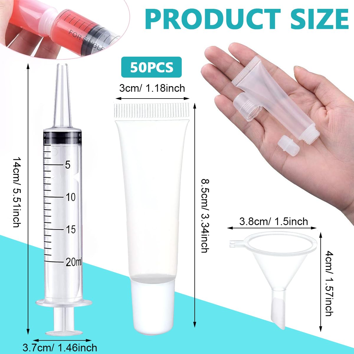 MAYCREATE 50pcs Clear Lip Gloss Tubes Set, 10ml Empty Lip Balm Containers with Caps, Syringes & Labels Kit, Plastic Soft Squeeze Tubes for DIY Cosmetic Sample Pigment Powder (Sample Not Included)