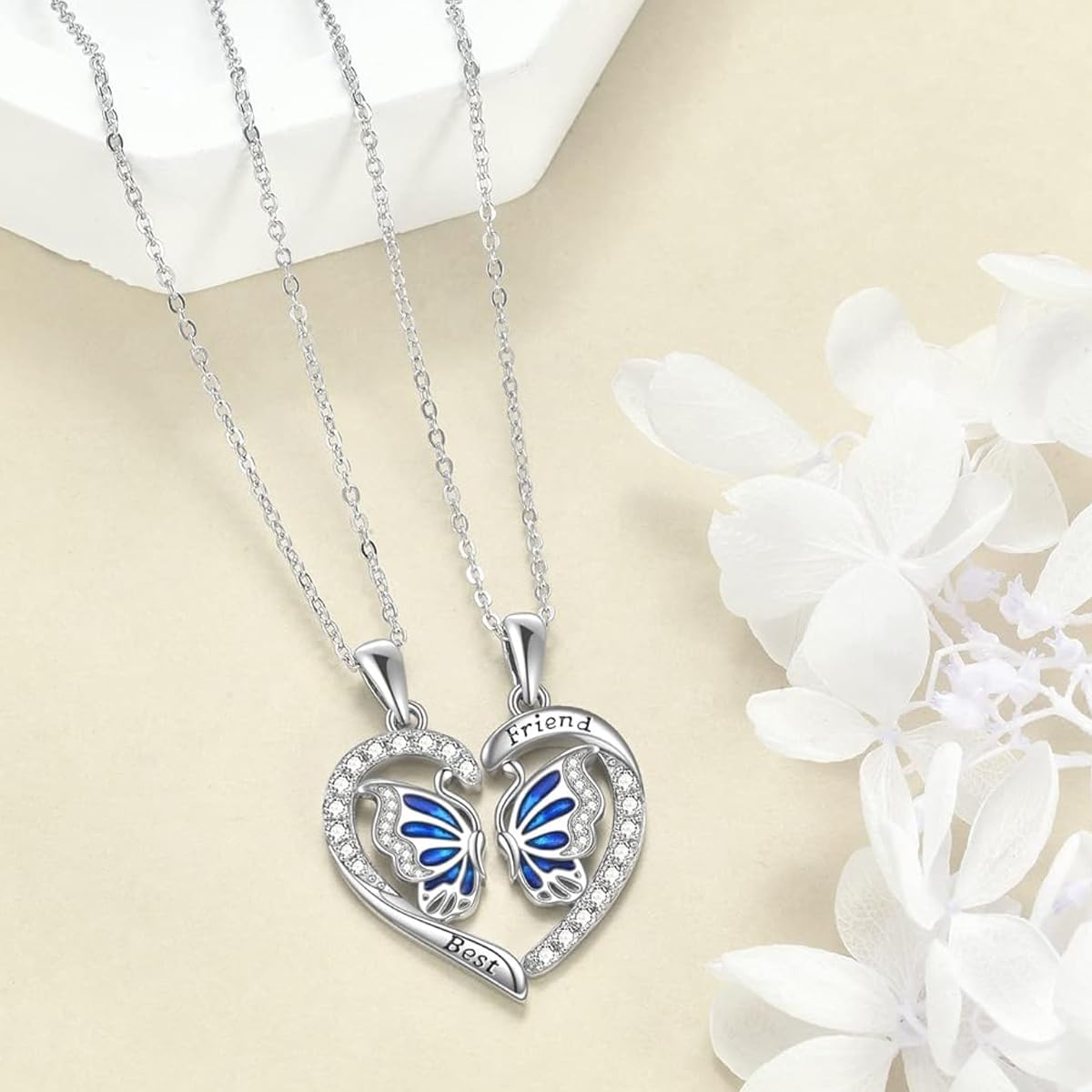 SANNIDHI Friendship Necklace Matched Friendship Necklace Rhinestone Butterfly Pendent Necklace BFF Necklace Best Friend Engraved Necklace Friendship Gift for Friends, Sisters