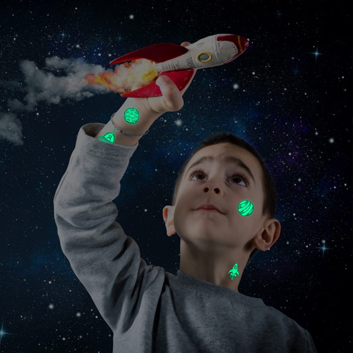MAYCREATE 10 Sheets Waterproof Cartoon Temporary Tattoo Sticker Night Glow Sticker, Outer Space Astronaut Theme Cartoon Sticker for Boys Girls Party Sticker Party Supplies