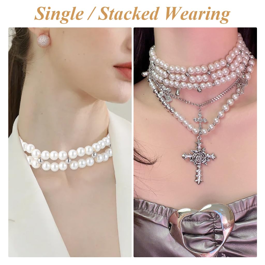 SANNIDHI Chic Necklace for Women Retro Baroque Rose Cross Pendent Layered Pearl Necklace Heavy Duty Faux Pearl Chain Necklace Layed Necklace Punk Rock Style Fashion Necklace