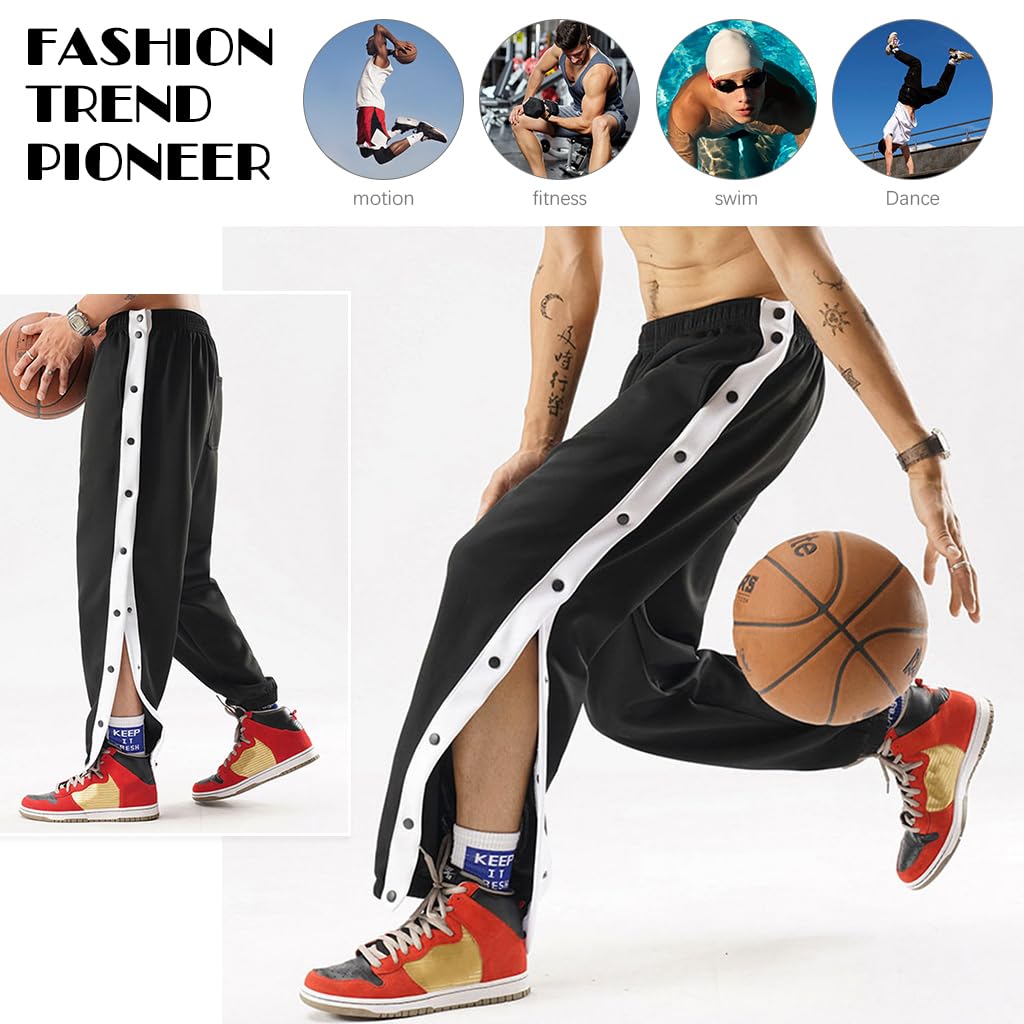 GUSTAVE Men's Trousers Sport Pants Casual Trousers Side Button-up Design Summer Fashion Breathable Men Trousers Elastic Waist Men's Casual Sport Trousers, XXL, Black