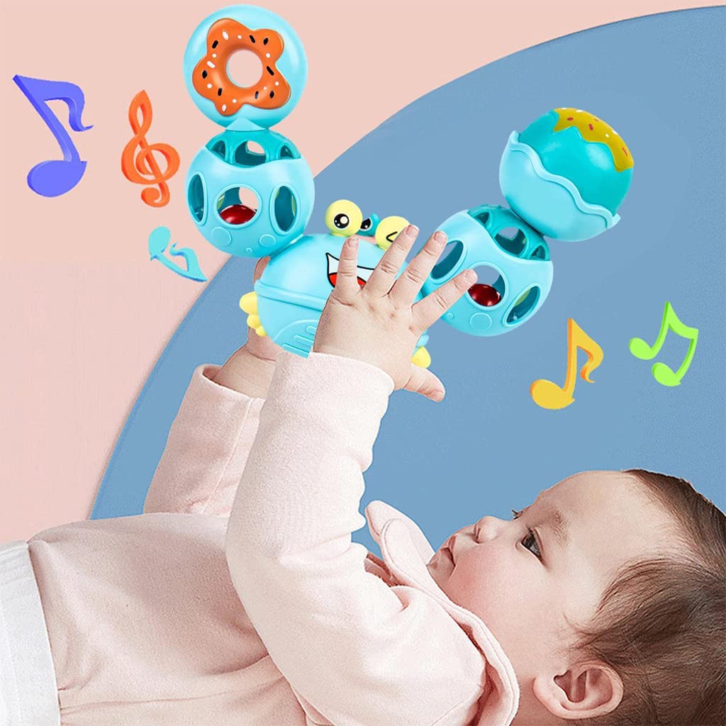 PATPAT Rattles for Baby 0-6 Months Cartoon Crab Sensory Teething Toys for Babies 360 ° Rotation Rattle Toy BPA-Free Soothing Toy Toddler Activity Toys New Born Baby Toys Gifts for Boys Girls- Blue
