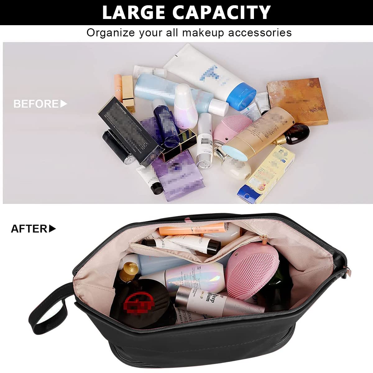 MAYCREATE Large Capacity Cosmetic Bag, Women's Makeup Travel Bag Portable Leather Cosmetics Bag with Handle, Double Layer Portable Zipper Toiletry Bag for Travel Makeup Organizer, Black