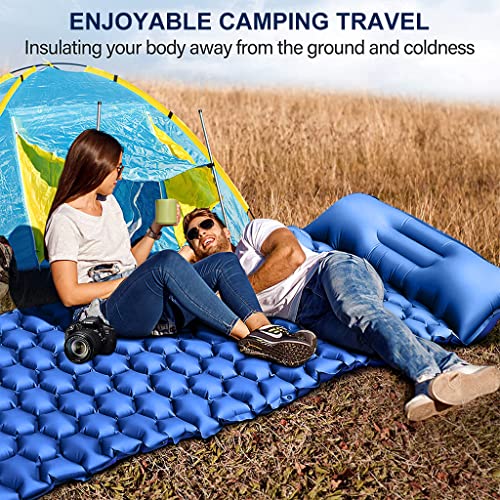 Proberos® Polyurethane Air Mattress with Pillow Built-in Foot Pump Portable Folding Camping Sleeping Bed Inflatable for Backpacking Hiking Traveling Tent Car Blue Single A 2PCS