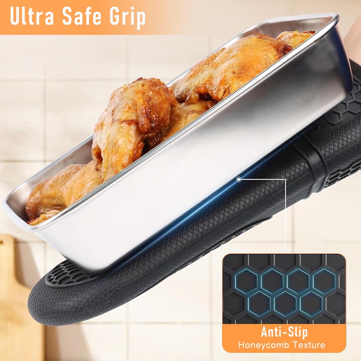 HASTHIP 1 Pair Oven Mitts Black Silicone Thermal Oven Mitts with Thicken Cotton Lining Insulation Oven Mitts Anti-Slip Palm Texture Design Kitchen Waterproof Oven Mitts with Hanging Loop
