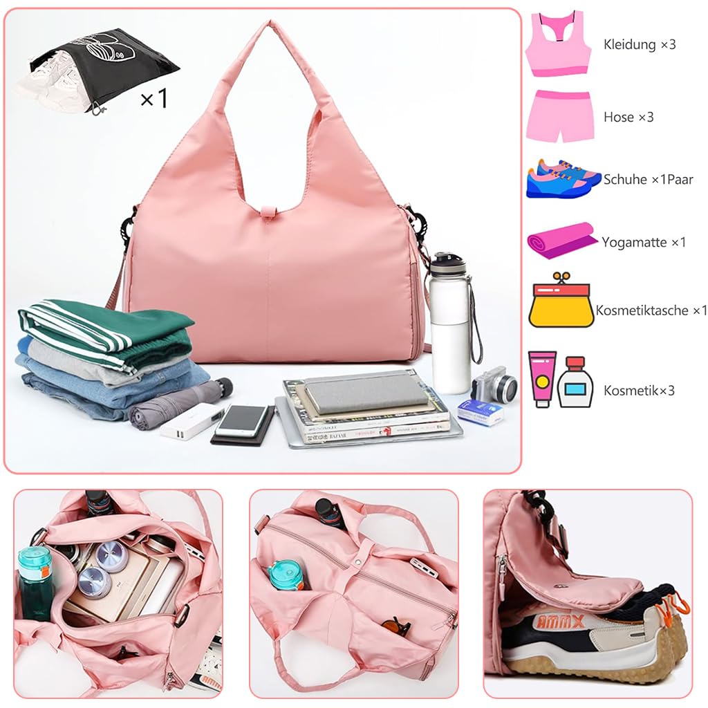 PALAY Women Gym Bag Fitness Handbag Large Duffle Bag Oxford Cloth Waterproof Fitness Bag with Shoes Compartment Yoga Mat Bag Travel Duffle Bag, Pink