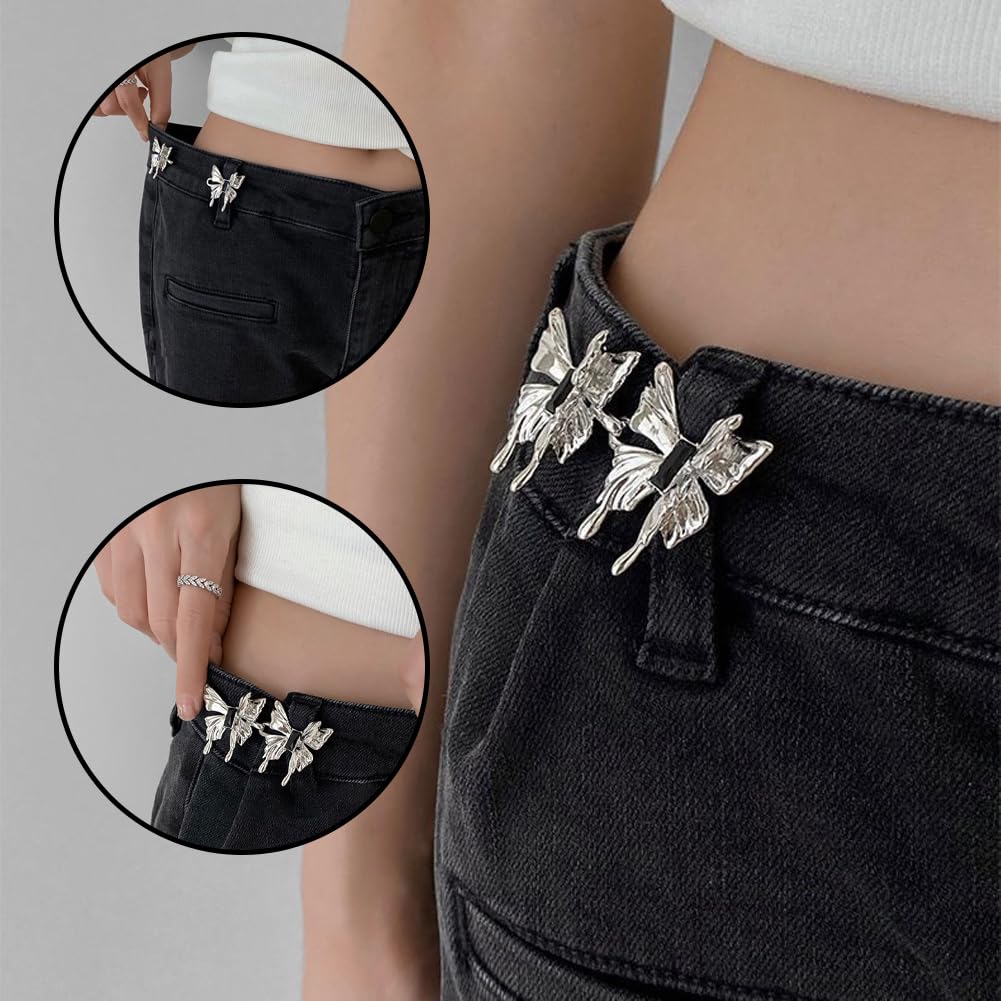 ZIBUYU 2 Sets Jeans Tightening Clips, Buttons for Jeans, Alloy Butterfly Jeans Adjustable Button Pins Jean Buttons for Loose Jeans Pants Dress, No Sewing Required Detachable Jean Pin