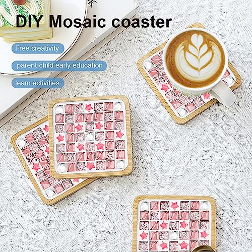 HASTHIP Glass Mosaic Tiles, Mosaic Kit with Wooden Coaster, Glitter Crystal Stained Mini Ceramic Tiles for Crafts, Mosaic Kits for Adults, DIY Coasters Kit, Pink