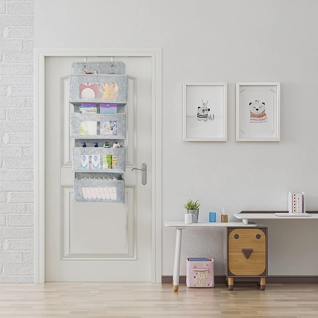 HASTHIP 4-Shelf Over The Door Organizer, Simple Houseware Over Door/Wall Mount 4 Clear Window Pocket Organizer, Grey