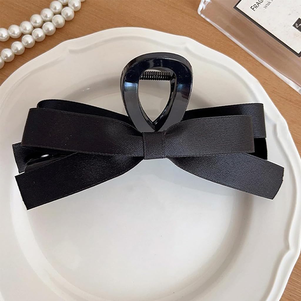 PALAY Bow Hair Clips for Women Stylish 5'' Large Bow Clutcher for Women Hair Satin Hair Bow Clips for Women Girls Big Hair Claw Clip Clamp - Black