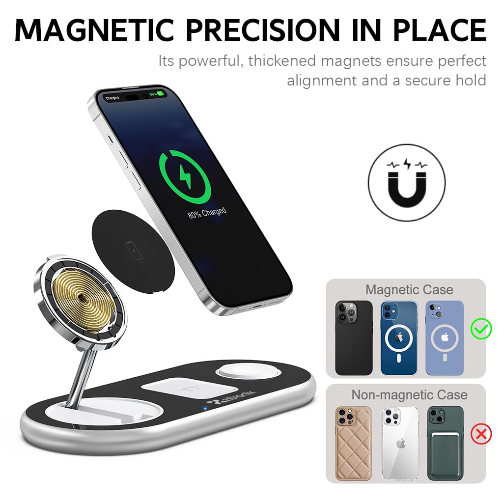 zitronix 3 in 1 Charging Station for iPhone, iWatch & Airpod 15W Wireless Charger Type C Interface & Folding Arm Design Magnetic Mag-Safe Charger Stand Travel Sleek Slim Charger Station, 23x10cm