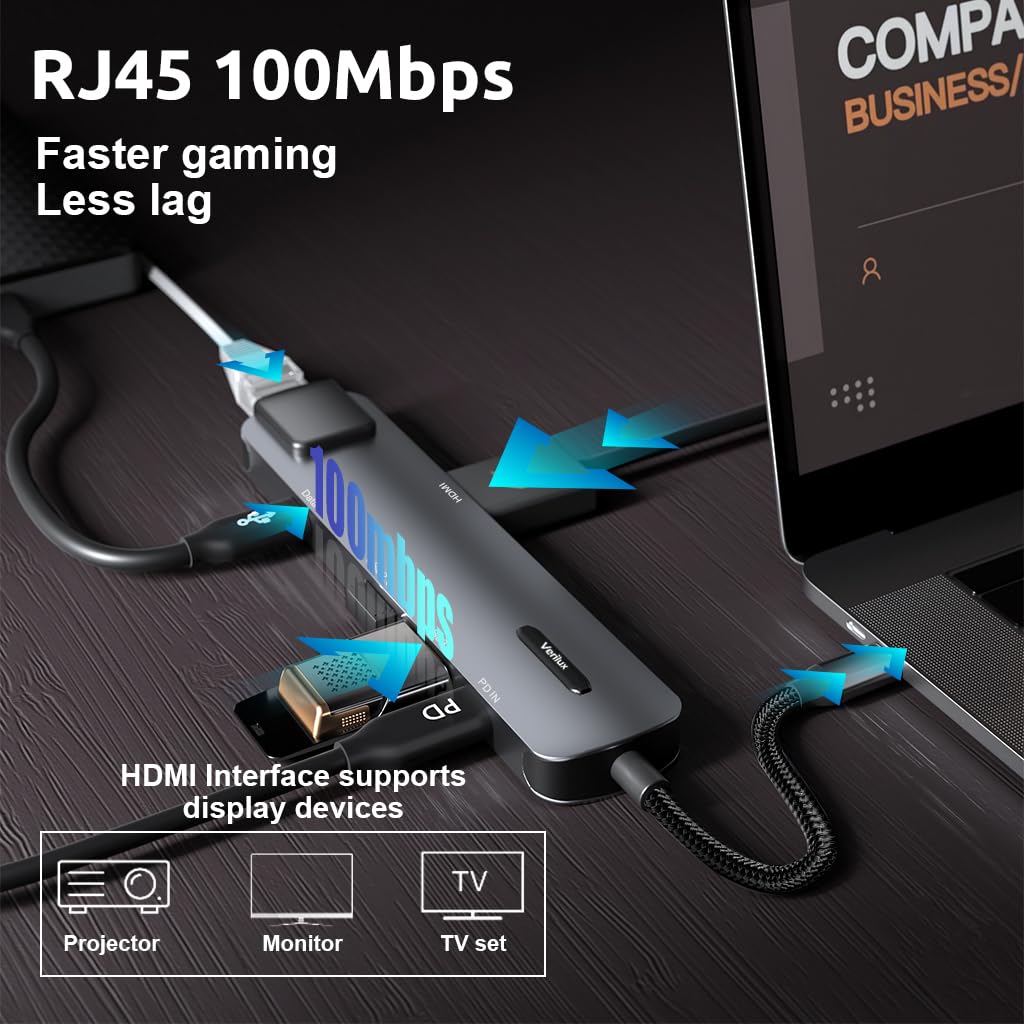 Verilux USB C Hub with Ethernet 6 in 1 USB Type C Hub with 4K HDMI Converter, PD 100W Charging Port, Multi USB Port for Laptop with USB Hub 3.0 and 2.0 for MacBook Air M1 Pro, iPhone 15 Max Pro Plus