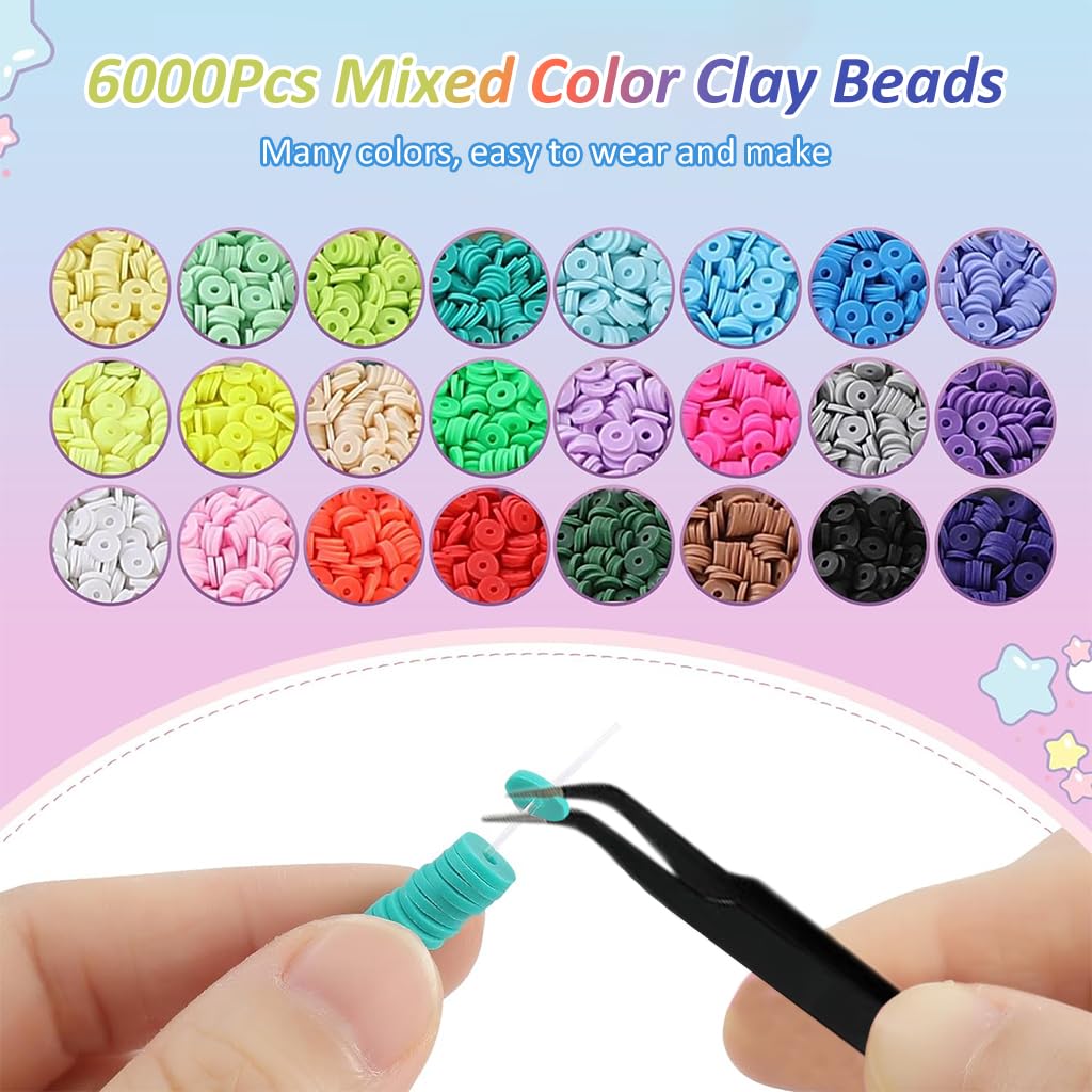 SANNIDHI 6000Pcs Clay Beads for Bracelet Making 24 Color Flat Polymer Beads Letter Beads for Jewellery Making Kit, Heart Smile Face Gold Beads with Charms and Tools Set for Girls Women DIY Crafts