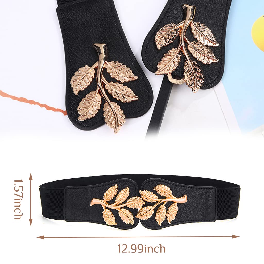 PALAY Fashion Elastic Skinny Belts for Women Girls,Golden Leaf Buckle for Dresses Coat Fashion Elastic Wide Waist -(66-90cm Waist)