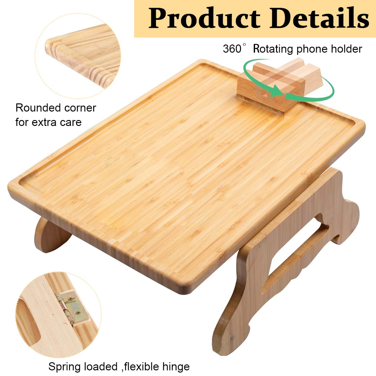 HASTHIP Sofa Armrest Wooden Tray Small Table for Sofa Armrest Folding Foot Wooden Dinning Table Laptop Stand with 360° Rotatable Phone Holder Armrest Table for Work, Relaxing, Reading