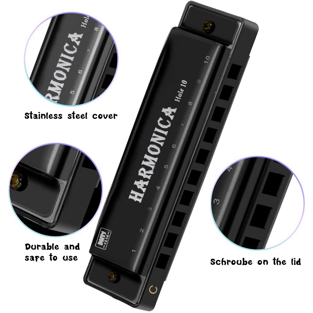 HASTHIP Harmonica Mouth Organ Musical Instrument Titanium Copper Core Harmonica C Key 10 Hole 20 Tone for Beginners Durable Clear Sound, Birthday Gifts for Kids Adults, Suitable for Blues Folk, Black