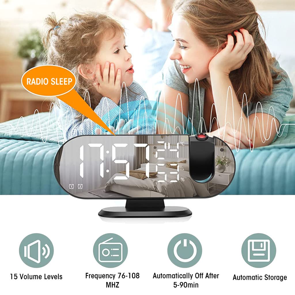 HASTHIP Projection Alarm Clock, 8.2 inch LED Mirror Digital Alarm Clock with USB Port, 180° Rotable Projector, FM Radio, Temperature & Humidity Display, 12/24H, Dual Alarm, Snooze, 3 Dimmer (Black)