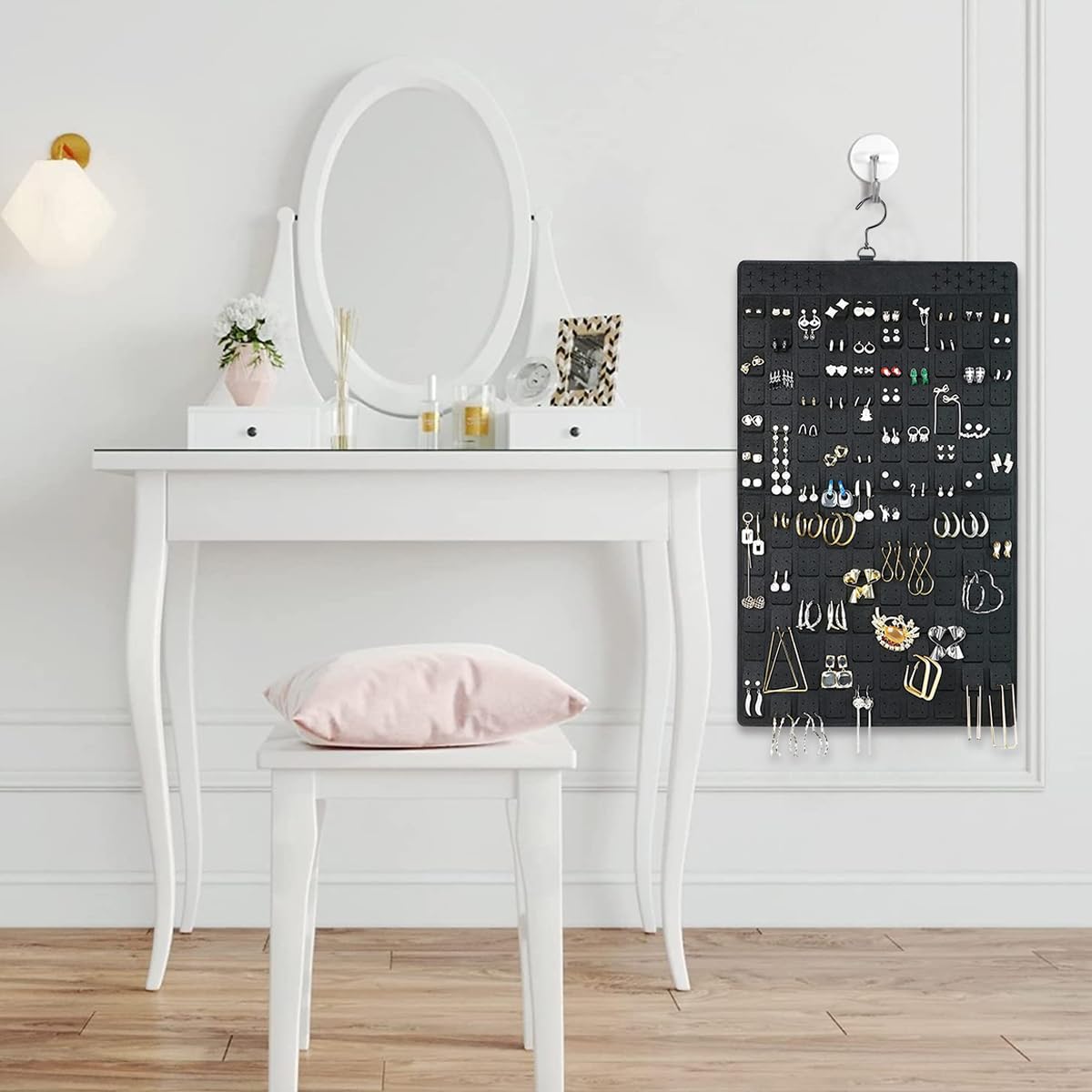 HASTHIP Hanging Jewellery Organisers, Dual-Sided Necklace & Earrings Organizer, Large Felt Jewelry Organizer Hanger For Closet, Wall, Door - Holds Up To 300 Pairs Of Earrings And 30 Necklaces, Black