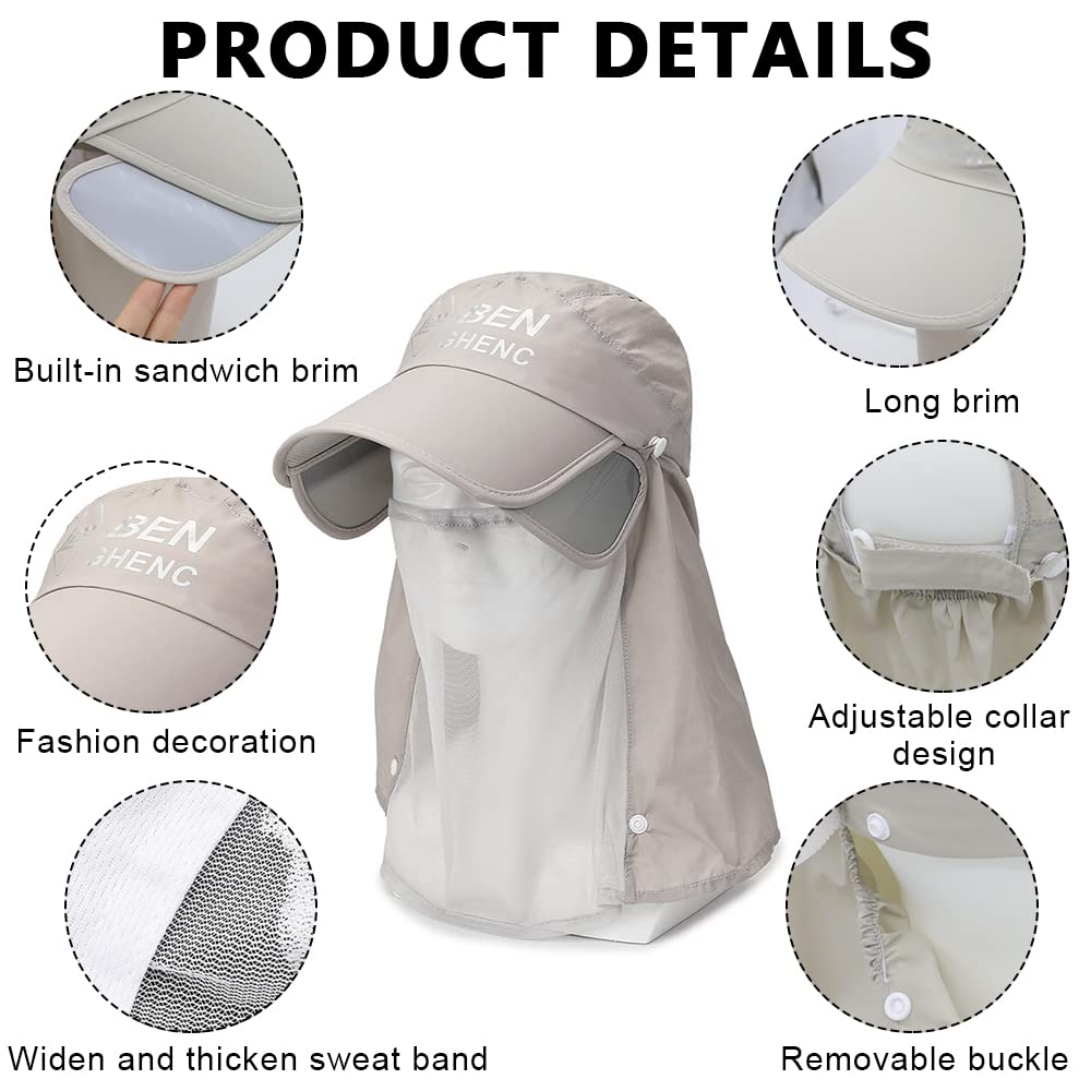 PALAY Sun Hat for Women Wide Brim Sun Cap with Removable Face Neck Cover Flap, Breathable Sun Protection Visor Hats for Beach Fishing - Grey