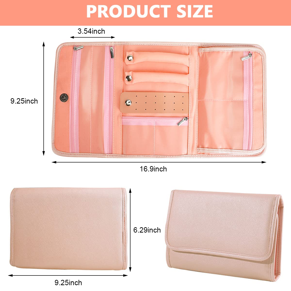 MAYCREATE Travel Jewelry Organizer Roll Foldable Jewelry Roll Bag for Earrings, Necklaces, Rings, Bracelets, Brooches, Pink