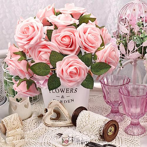 HASTHIP 25pcs Roses Artificial Flowers Box Set, Foam Pink Fake Roses with Stems for DIY Wedding Bouquets Centerpieces Arrangements Party Baby Shower Home Decorations