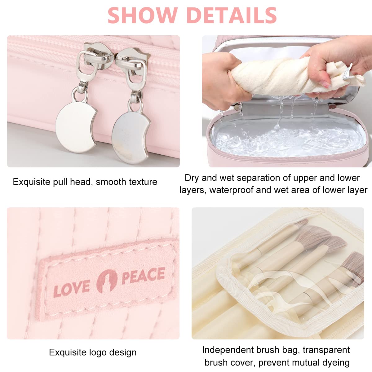 MAYCREATE Makeup Bag, Large Capacity Travel Cosmetic Bag, PU Leather Waterproof Cosmetic Bag, Women Portable Travel Makeup Bag With Handle Makeup Organizer Bag for women and girls, Pink