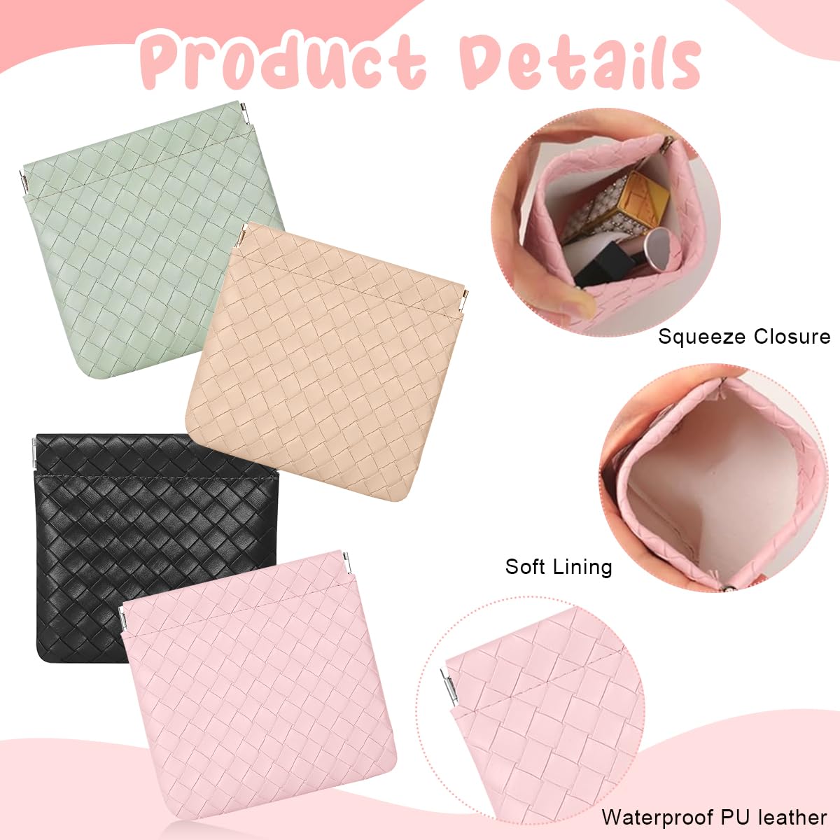 MAYCREATE Small Makeup Pouch 4Pcs Set, Small Pouches Makeup Bag PU Leather Mini Cosmetic Bag Weave Lipstick Makeup Pouches for Women Pocket Coin Purse Organizer