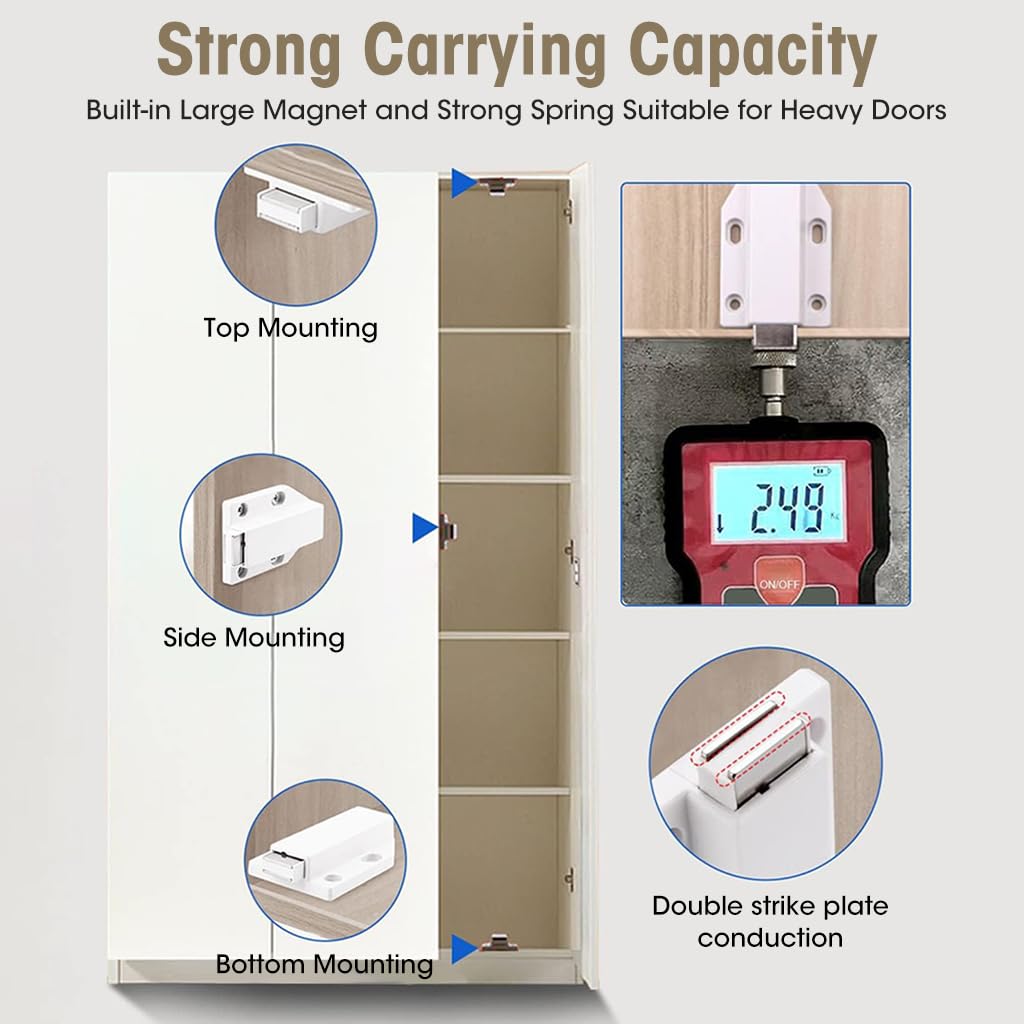 HASTHIP 2Pcs Latch Lock for Door, Magnetic Push Latch Heavy Duty Push to Open Cabinet Hardware Magnetic Touch Latches for Large Door Push Release Latch Kitchen Drawer (White)