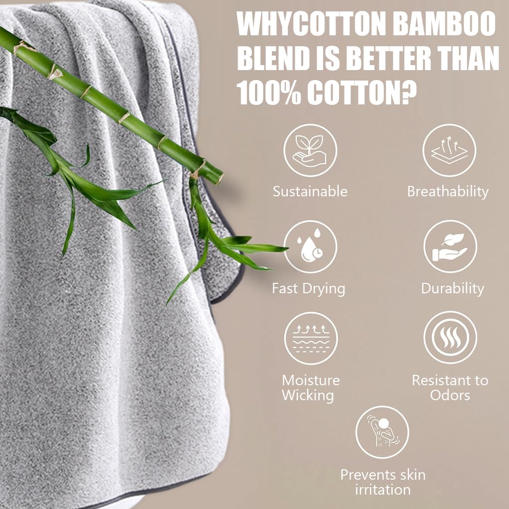 HASTHIP Bamboo Bath Towel, Super Absorbent, Large Cotton Antibacterial Bath Towels (55x27 Inches, Grey)