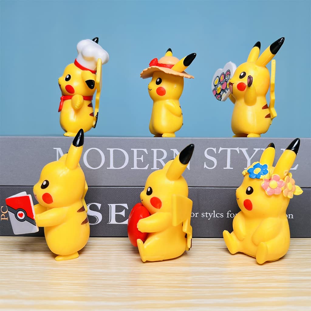 PATPAT Polyvinyl Chloride Set of 6 Pika-Chu Figure Toy Poke-Mon Figures Desk Decoration Poke-Mon Toy Figure Toy For Kids Anime Lovers Birthday Gift Room Decoration (9Cm), Multi Colour