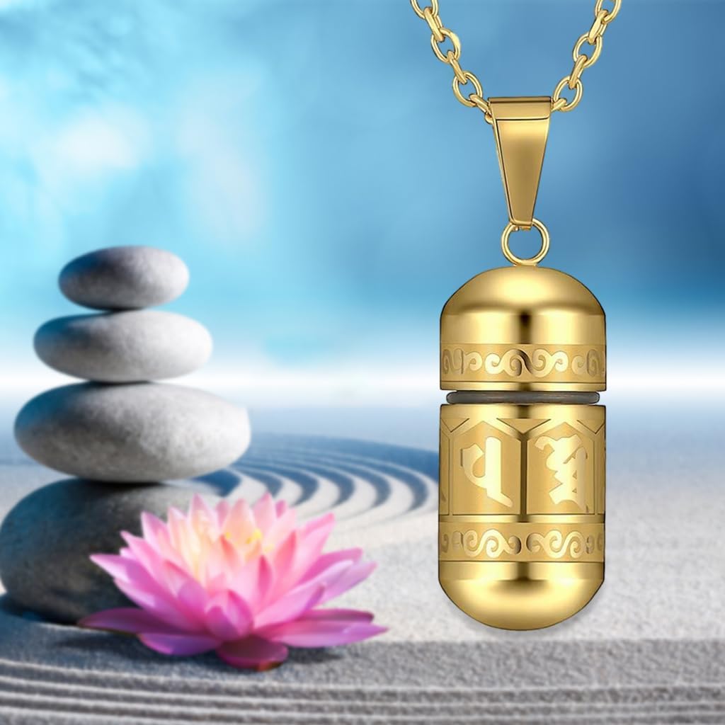 SANNIDHI Pill Case Capsule Necklace for Men Gold Titanium Steel Ash Pendant Necklace for Women Engraved Openable Empty Medicine Necklace Gift