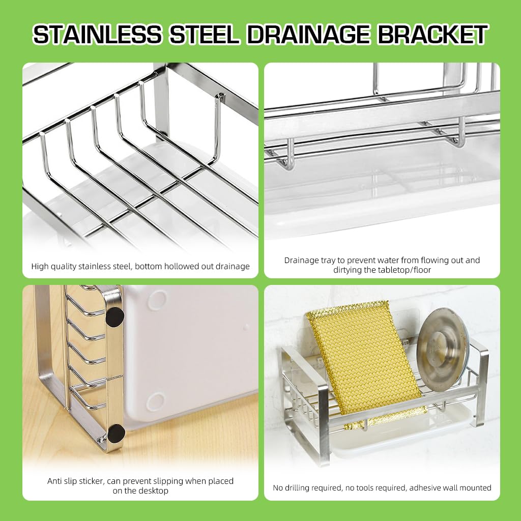 ZIBUYU Sink Organiser in Kitchen Stainless Steel Soap Holder for Kitchen Flat And Wall Mounted Sink Dish Drainer Basket Kitchen Organiser with Detachable Drainage Tray