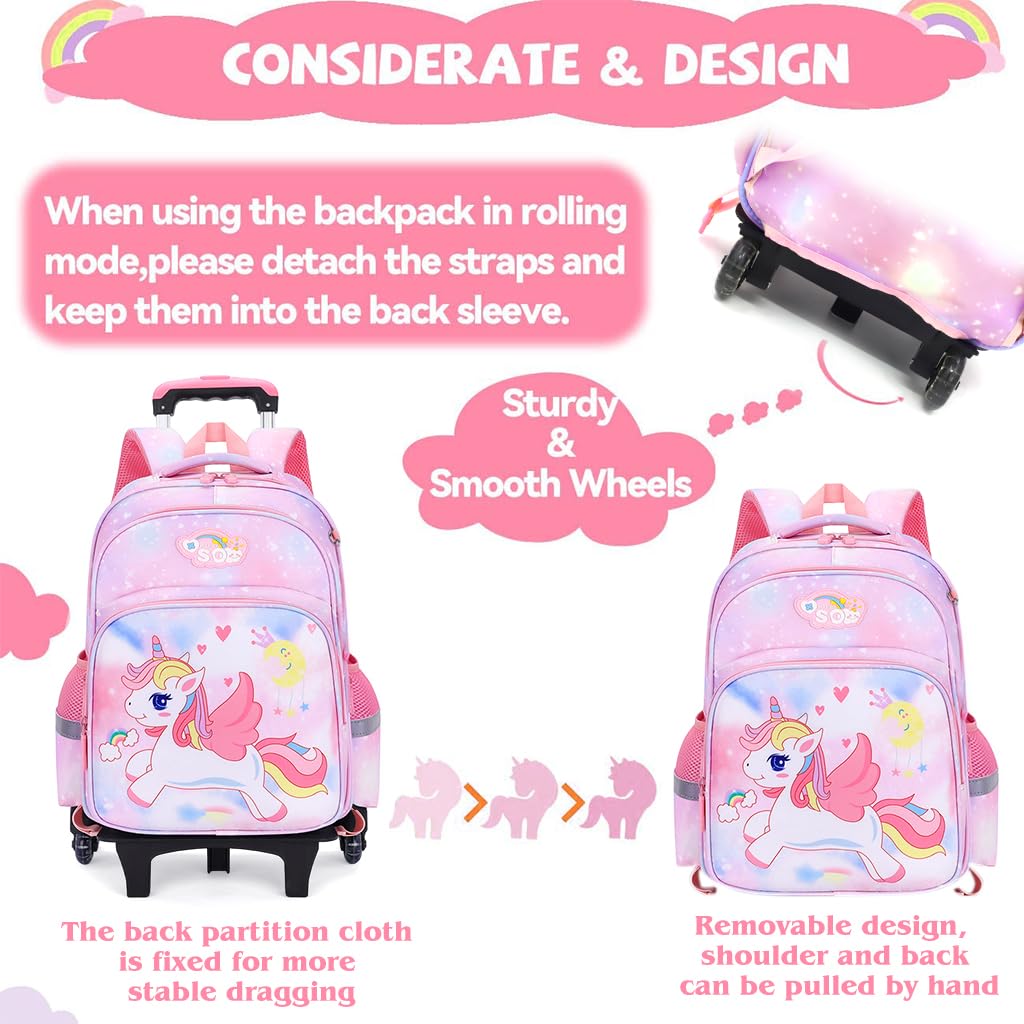 FANCYKU School Bags for Girls Kids Unicorn Bags for Girls School Bags on Wheel Detachable Wheel Stand Gift School Bag