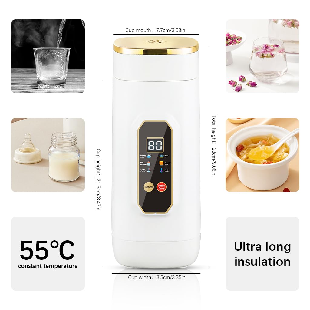 Supvox 650ml Electric Kettle with 6 Preset Modes Thermal Water Bottle Stainless Steel Liner LCD Temperature Display Travel Electric Kettle Multipurpose Travel Electric Thermal Kettle with Lanyard