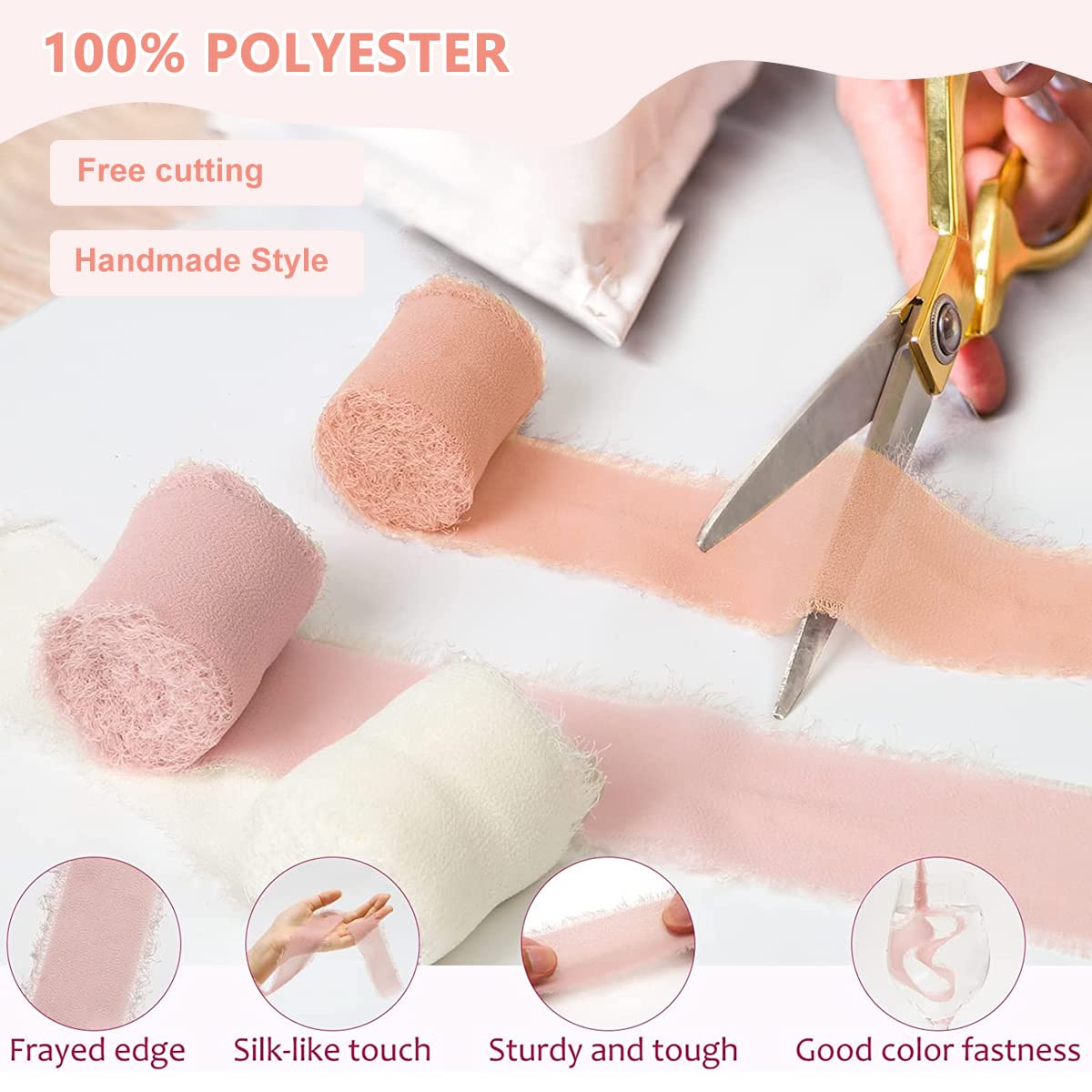 HASTHIP 3 Rolls Chiffon Ribbons Set Fringe Fabric Silk-Like Ribbons for Gifts Wrapping, Wedding Invitations, Party Decoration, Bridal Bouquets, DIY Crafts(1.5