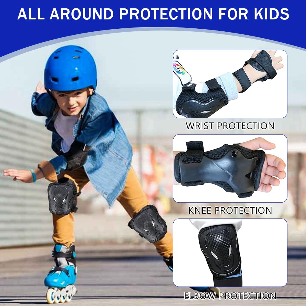 Proberos 6Pcs Kid Protective Set, Arm Guards & Elbow Pads Thicken Breathable Pads Guards for Rollerblading, Cycling, Skating and Other Activities Prone to Knee Injury, Black