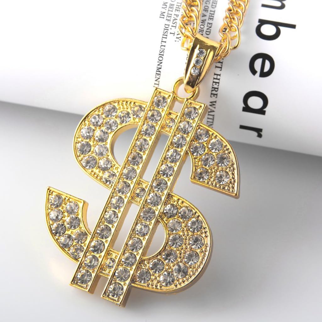 SANNIDHI Necklace for Men Women Golden Dollar Sign Pendant Rhinestone Alloy Gold Chain Necklace Hip Pop Dollar Symbol Necklaces Jewellery Gifts for Men, Boys, Husband