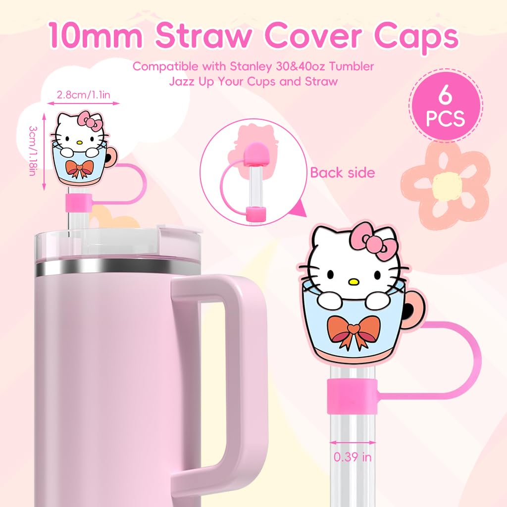 HASTHIP 6PCS Cartoon Straw Covers Cap for Tumblers Cup, 10mm Cartoon Pink Hello Kitty Straw Topper, Reusable Dust-Proof Drinking Straw Toppers for 10mm Straws
