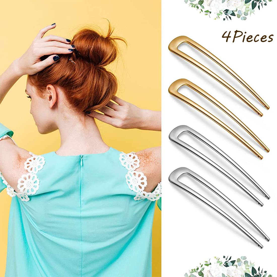 ZIBUYU 4 Pcs Hair Pins U Shaped French Metal Hair Pins Vintage Alloy Hair Forks Hair Clips for Women Girls Hair Accessories Hair Sticks (Silver and Gold)