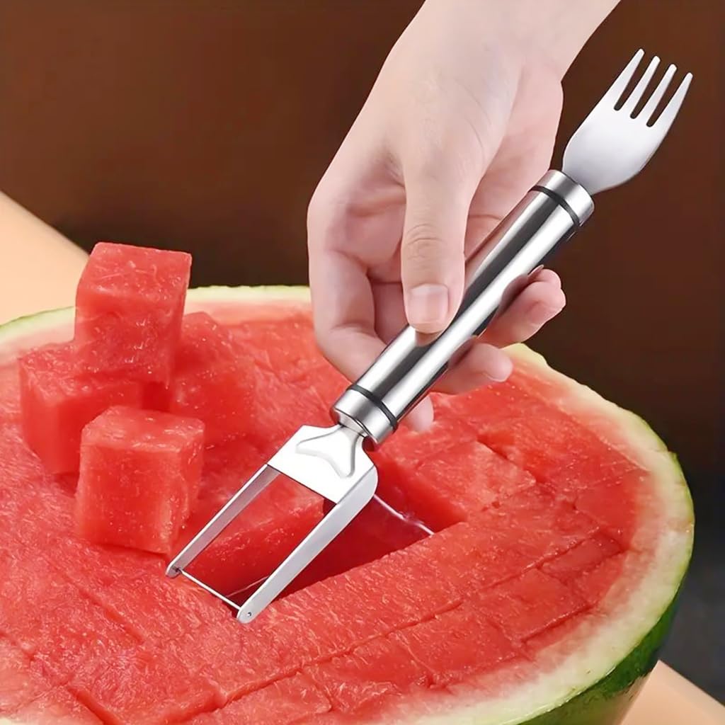 HASTHIP 2-in-1 Watermelon Cutter & Fork Watermelon Slicer 9.4 Inches Stainless Steel Melon Cutter Slicer and Fork Dual Head Design Watermelon Cutter Fork