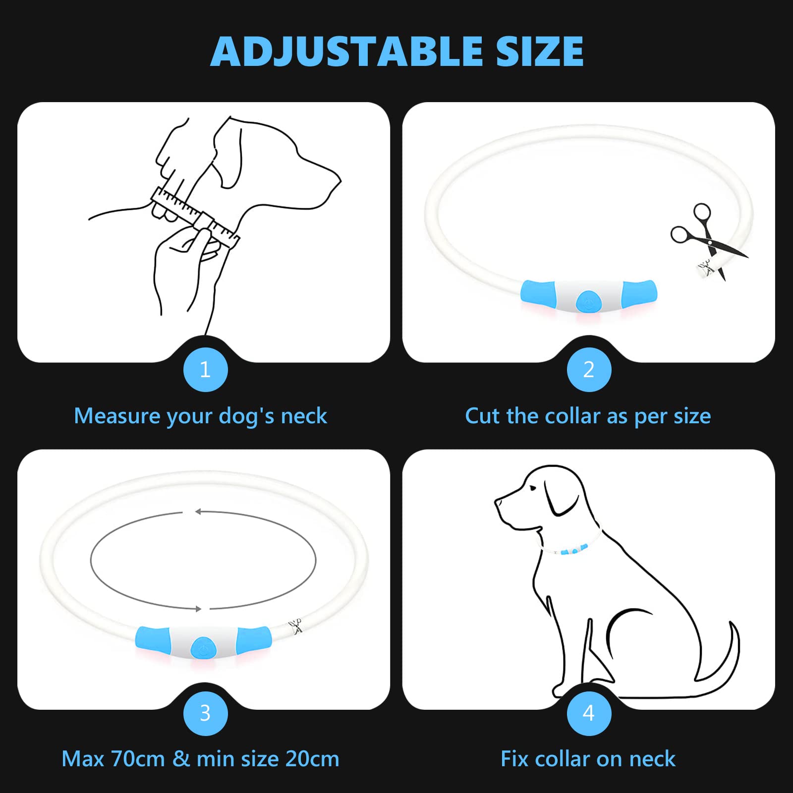 Qpets Dog Collar LED Optical Fiber Collar Flashing Collar for Dog USB Charging Cuttable Length Ensuring Safety for Night Walking (Blue Light)