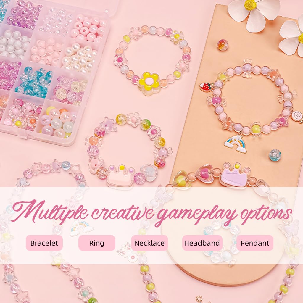 SANNIDHI 500Pcs Candy Cute Beads, Clear Acrylic Pearl Beads for Bracelet Making, Assorted Shiny Colourful Beads, Aesthetic Round Flower Heart Beads for Jewelry Making Girls Kids DIY Necklace Hairband