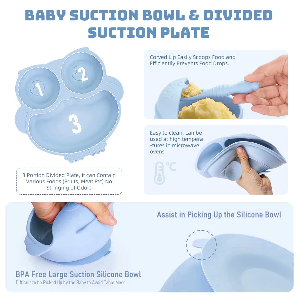 SNOWIE SOFT Baby Feeding Set of 10Pcs Food Grade Toddlers Silicone Food Plate Sipping Cup Bowl Set with Silicone Bib, Baby Cutleries, Self-Feeding Tableware Set for Toddlers, Sterilizable, Blue