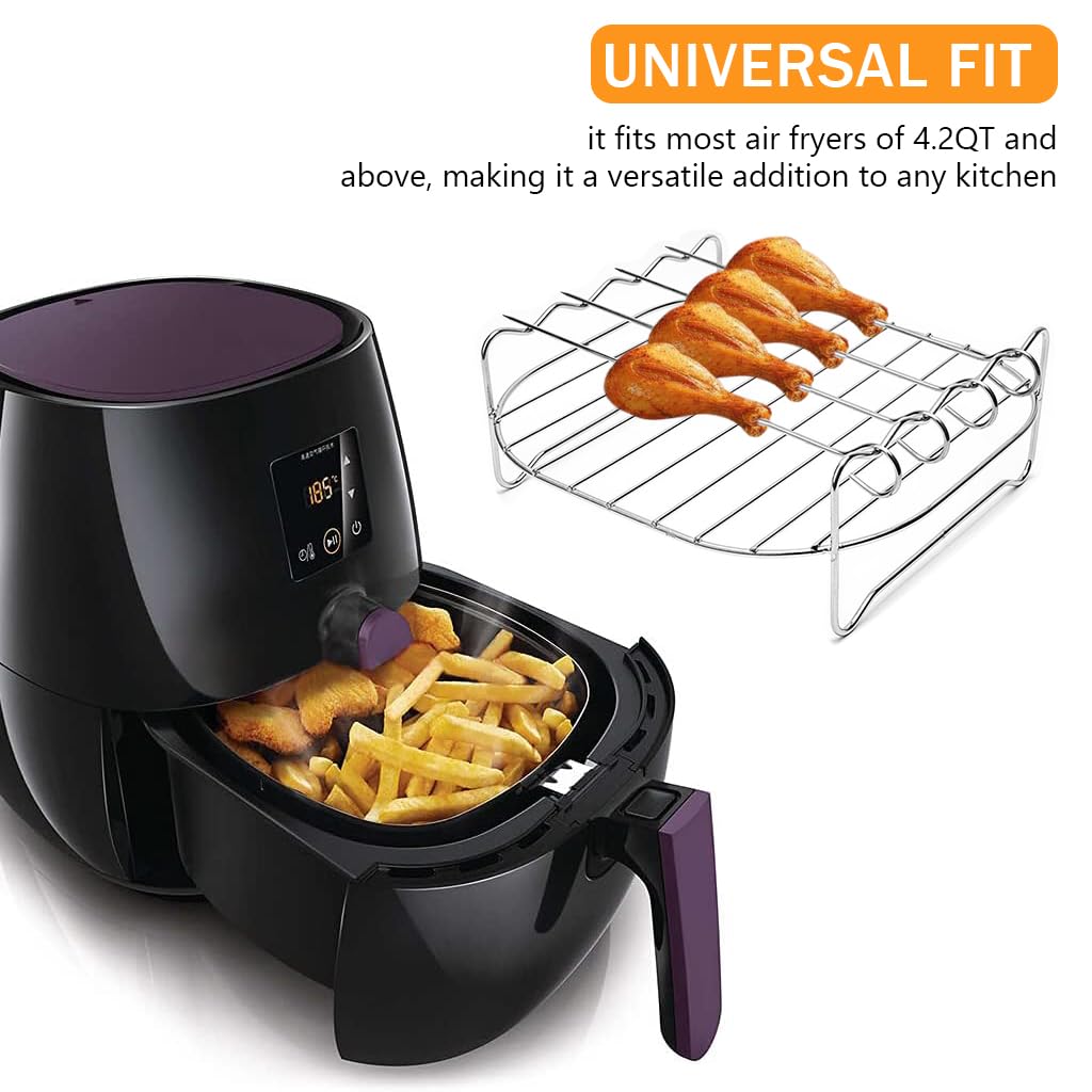 Supvox Air Fryer Grilling Rack Skewers Combo Stainless Steel Grilling Rack with 4pcs Stainless Steel Skewers, Double Layer Grilling Rack with Handle Fits Most 4.2QT Air Fryer