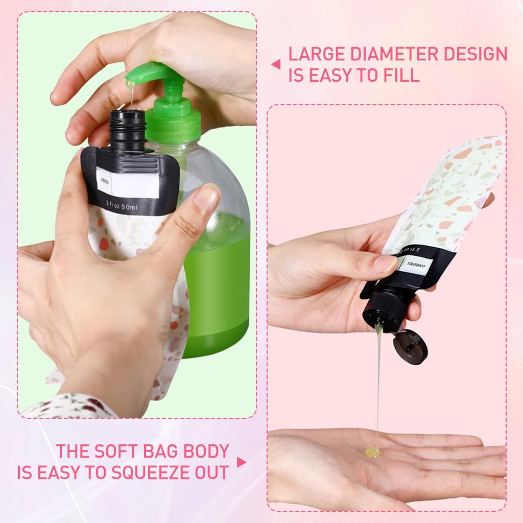 MAYCREATE 6Pcs Travel Bags 90ml Lotion Dispenser Travel Pouches Leak Proof Empty Squeezeable Pouches with Content Labels Refillable Toiletries Travel Pouches for Lotion Shampoo Cream Essential Oil